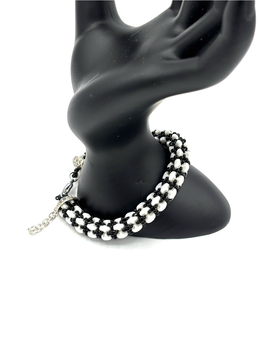 Hand Crafted Black and White Beaded Bracelet with Silver Accents